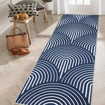 Saminah Washable Abstract Machine Woven Polyester Area Rug in Blue