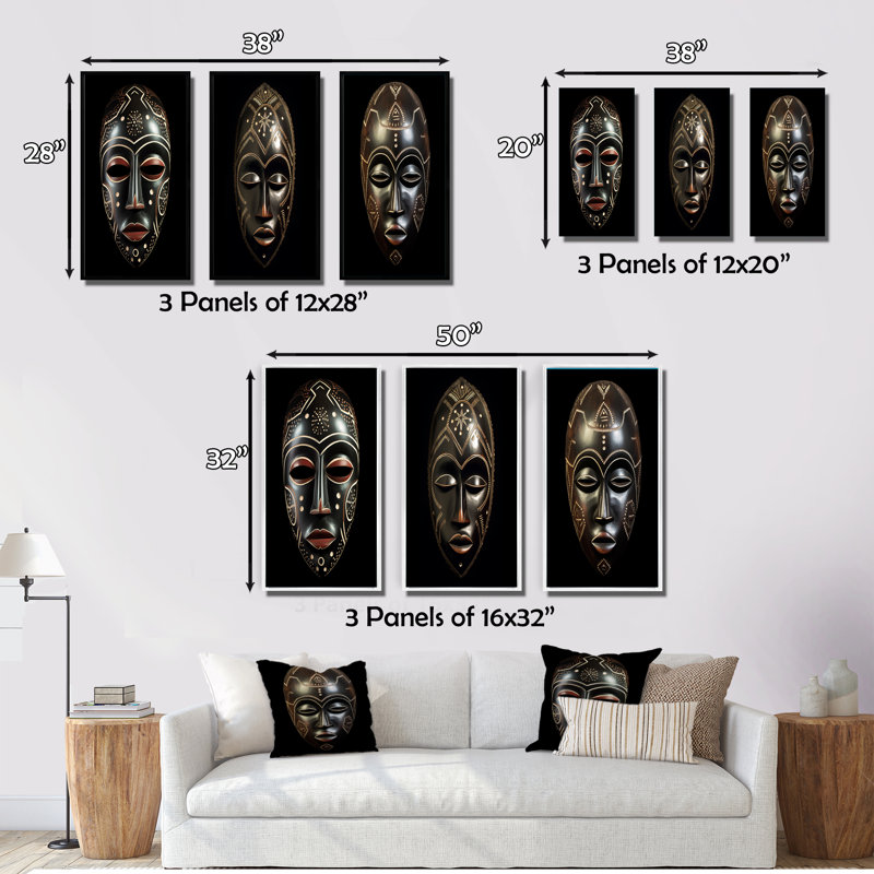 «Ethnical Traditional African Mask II», 3 pièces sur toile, Toile tendue, H 32 po x l 48 po
