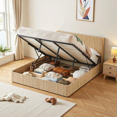 Queen Oak Hydraulic Storage Bed Frame with Rustic Wood Accents - Lift Up Design, Tool-Free Assembly