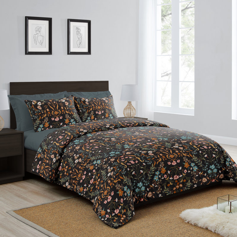 Boho Floral Black and Orange Twin Cotton Duvet Cover Set