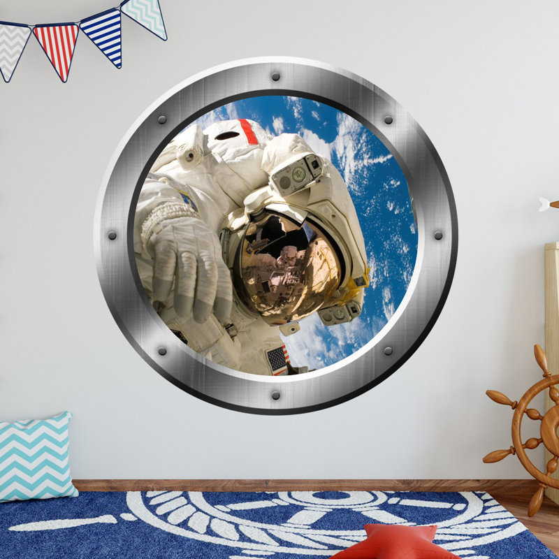 Décalcomanie murale astronaute hublot outer space 3d, H 20 po x l 20 po