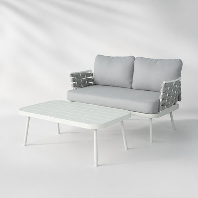 Causeuse et table en acier Mariano, blanc cassé et gris, durable et élégante pour la détente en plein air