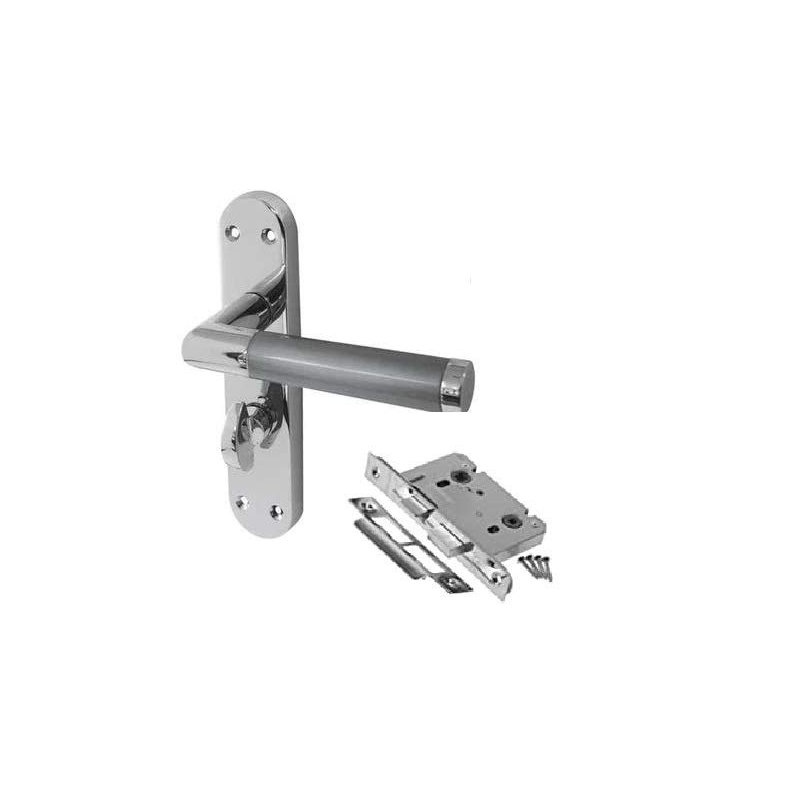  Mitred Design Bathroom Door Handles on Backplate in Duo Chrome Finish with Bathroom Mortise Lock - 182mm x 45mm