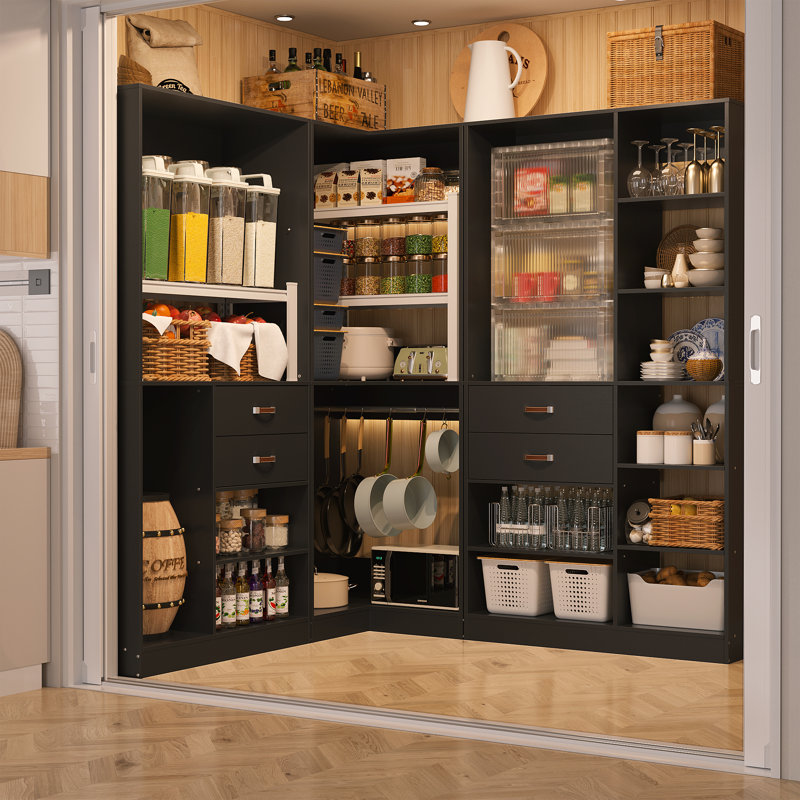 71'' - 110'' W Closet System with Wooden Drawers and Hanging Rods, Black