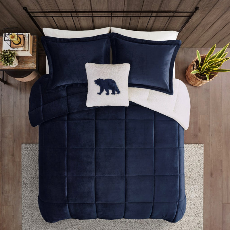 Édredon double / grand - bleu marine +, à, rembourrage en duvet synthétique, 2 taies décoratives et 1 coussin décoratif