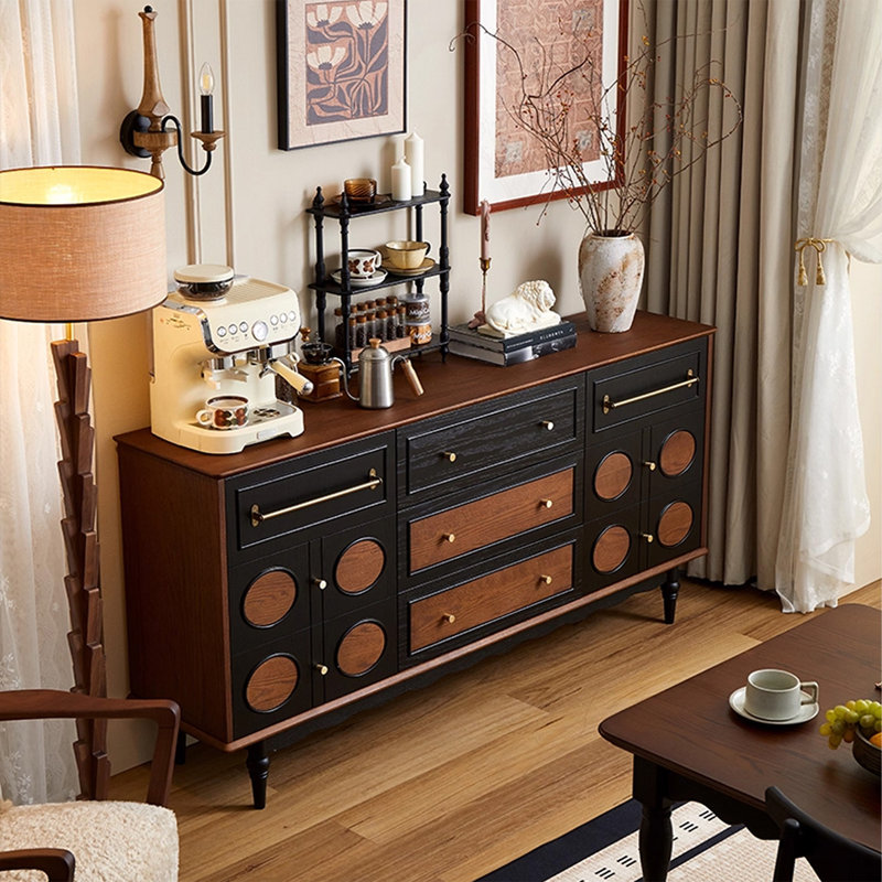 Buffet bicolore rétro en chêne rouge avec incrustation de bois circulaire