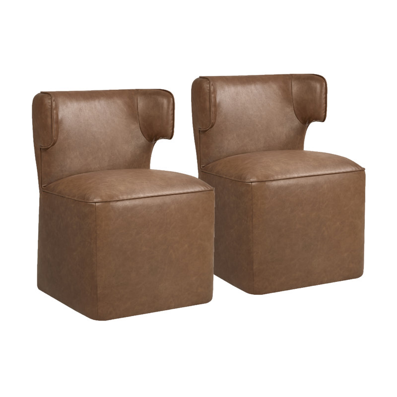 Vivora Upholstered Vegan Leather Dining Chair With Casters (Set of 2), Faux Leather Copley Saddle Brown