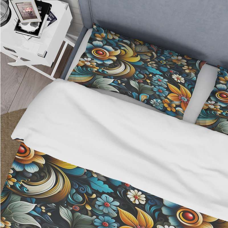 Literie Yellow And Blue Timeless Garden Flowers, Housse de couette pour grand lit et 2 taies décor