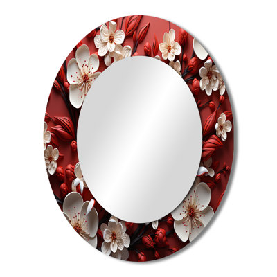 White And Red Orchid Flower Branches II - Large Oval Wall Mirror On Metal