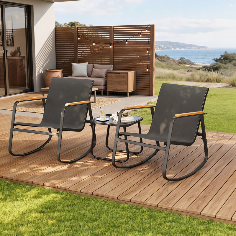 3-Piece  Outdoor Patio Conversation Rocking Set With Table，Seating Group, Black