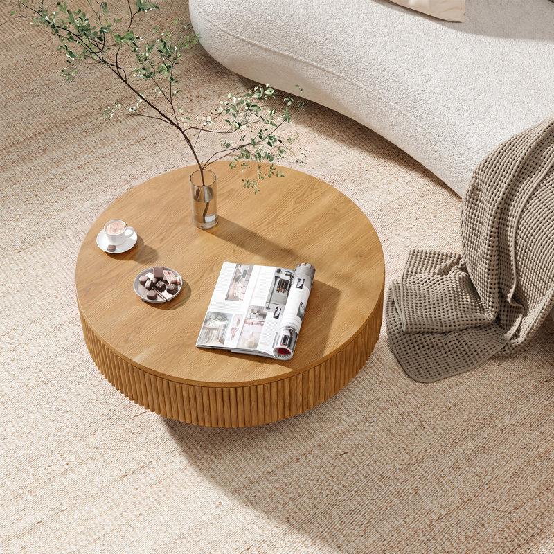 Table basse à piédestal Fynlee, conception cannelée en bois massif fabriquée à la main, H 13,78 po x l 31 po x P 31 po