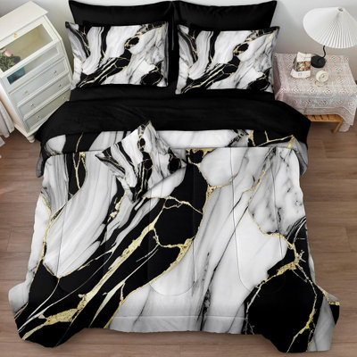 Marble Bedding Queen Size Black and Gold Comforter Set 8 Pcs Queen Bed in a Bag Gold Metallic Marble Print Luxury Bedding 1 Comforter 4 Pillowcases 1 Flat Sheet 1 Fitted Sheet 1 Cushion Cover