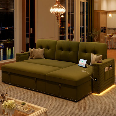 Canapé-lit modulaire avec méridienne réversible avec rangement et port de charge USB, vert velours