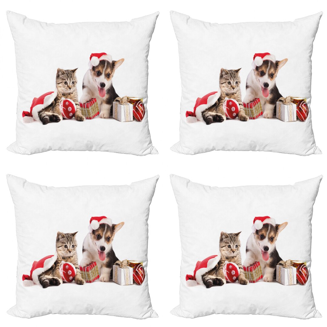 Dekokissen Kissenbezug, Hund Katze mit Geschenken, Weihnachten, Braun Weiß Rot