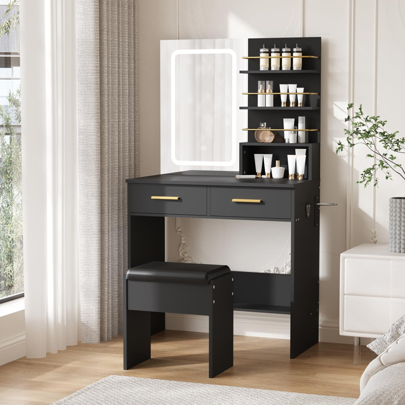 Modern Vanity Desk with Lighted Mirror – 3 Color LED Lighting, 2 Drawers, Open Shelves, Cabinet, Charging Station, Cushioned Stool – Black