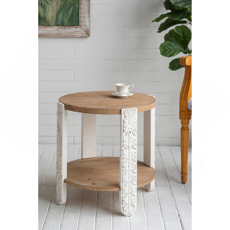 Table d'appoint ronde en bois à deux niveaux 20 x 20 x 19,7 po avec finition brun naturel et pieds blancs vieillis