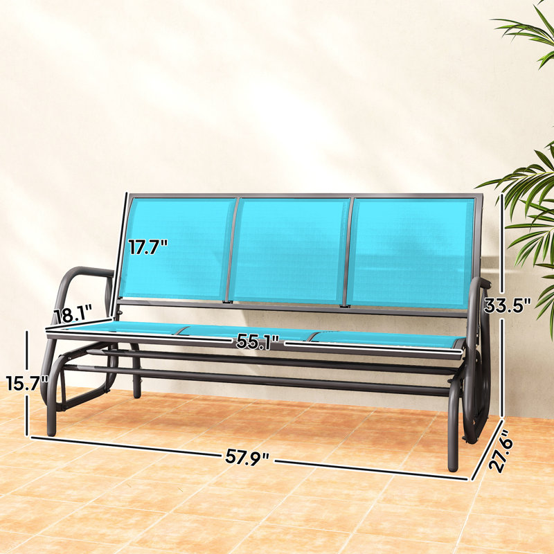 Balancelle coulissante pour l'extérieur, 3 sièges, tissu maillé, structure en métal, gris, balançoire en douceur, grand patio et bord de piscine, L 57,9 po x l 27,6 po H 33,5 po, banc d'extérieur d'une capacité de 660 lb avec tissu respirant bleu
