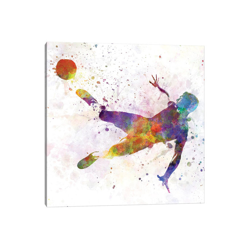 Man Soccer Football Player Flying Kicking V 1 Piece Painting on Canvas, 93.98 cm H x 93.98 cm W x 1.91 cm D, Wrapped Canvas