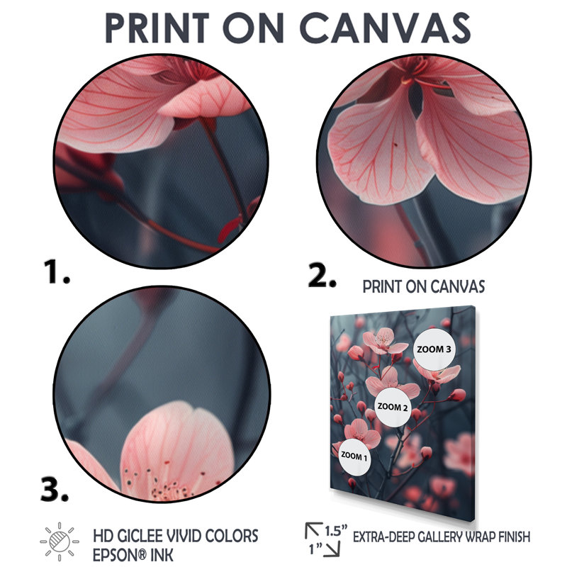 Fleur de cerisier monochrome dans le vent III, Toile tendue, H 12 po x l 20 po x P 1 po