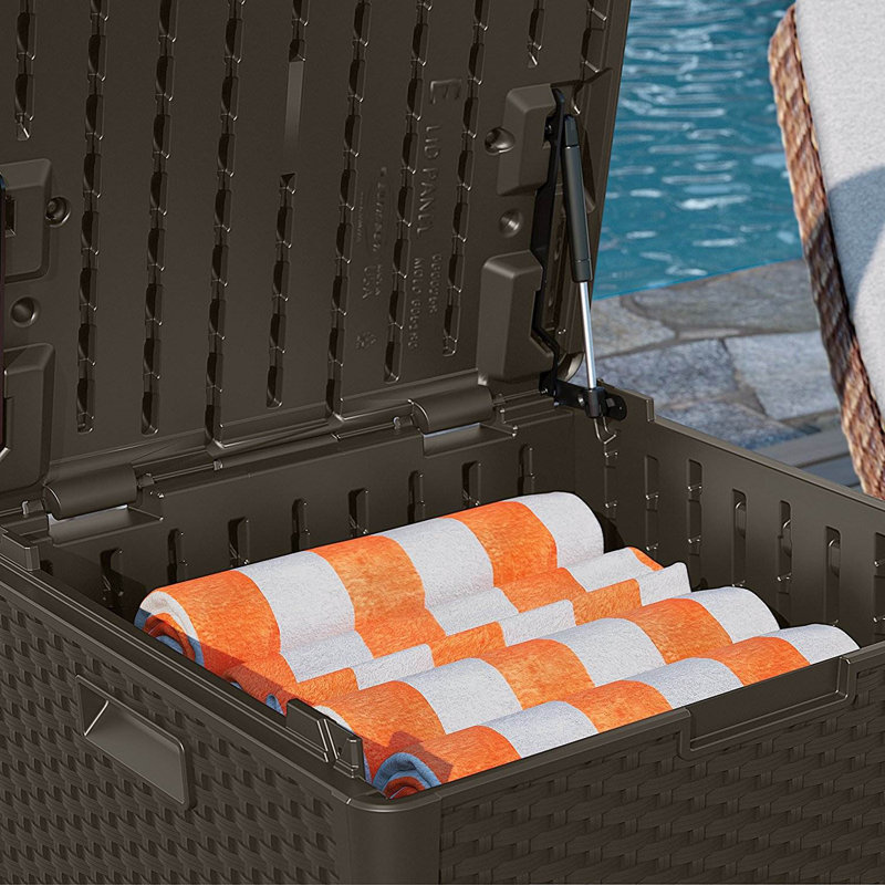 Suncast 60 Gallon Resin Wicker Design Cube Shape Storage Deck Box, Java