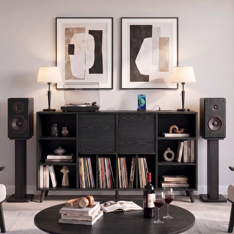 Meuble pour platine vinyle avec station de recharge, rangement pour disques de 140 cm, noir, Black