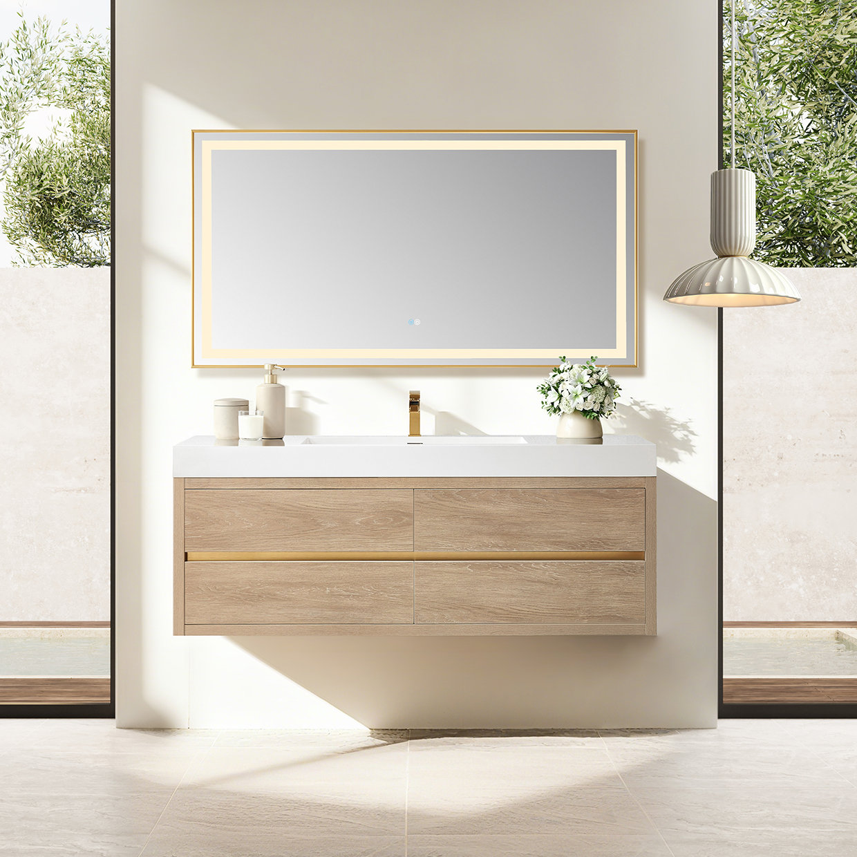 Vali 59.8'' Single Bathroom Vanity, North American Oak Finish, White