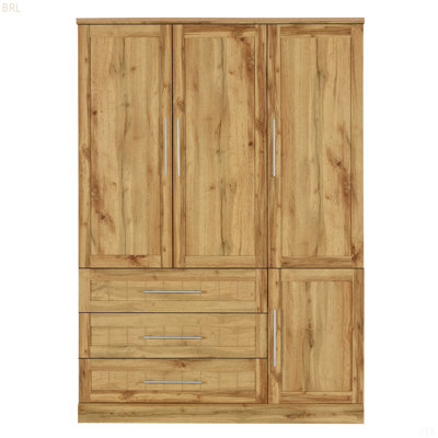 Armoire penderie 4 portes avec 3 tiroirs, naturel