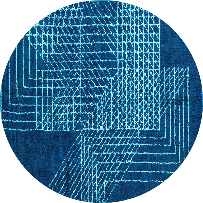 Tapis bleu abstrait en laine et polyester tissés à la machine, Rond 5 pi