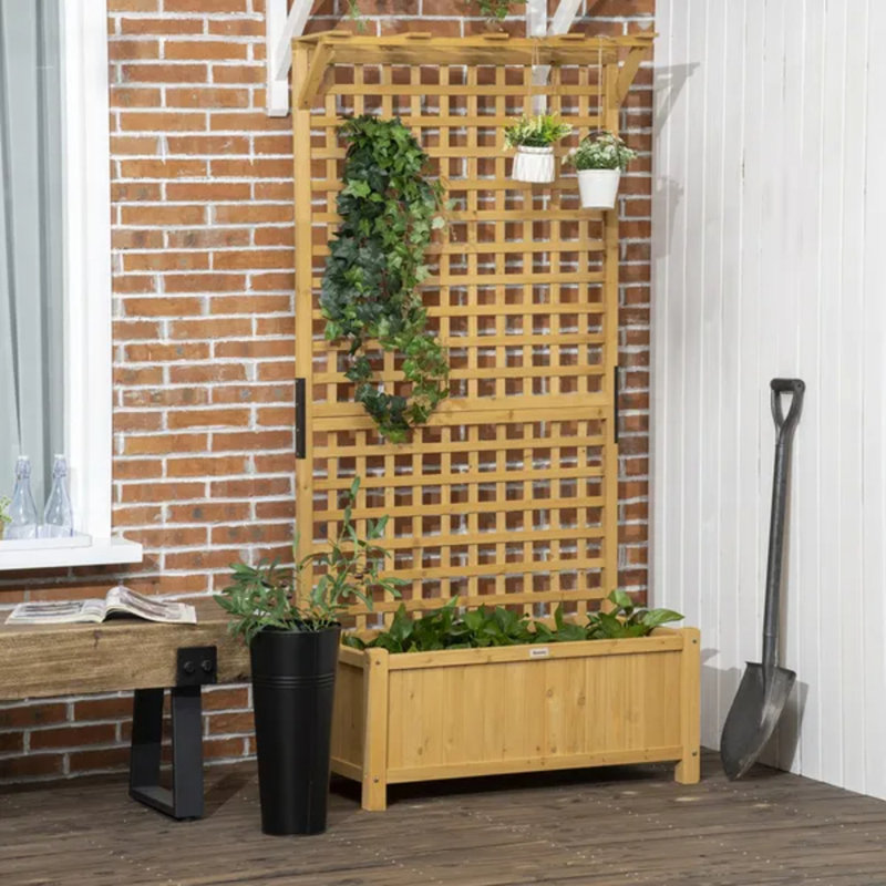 Boîte à fleurs jaune en bois avec treillis, lit de jardin surélevé surélevé pour vignes grimpantes, écran d'intimité pour la cour arrière