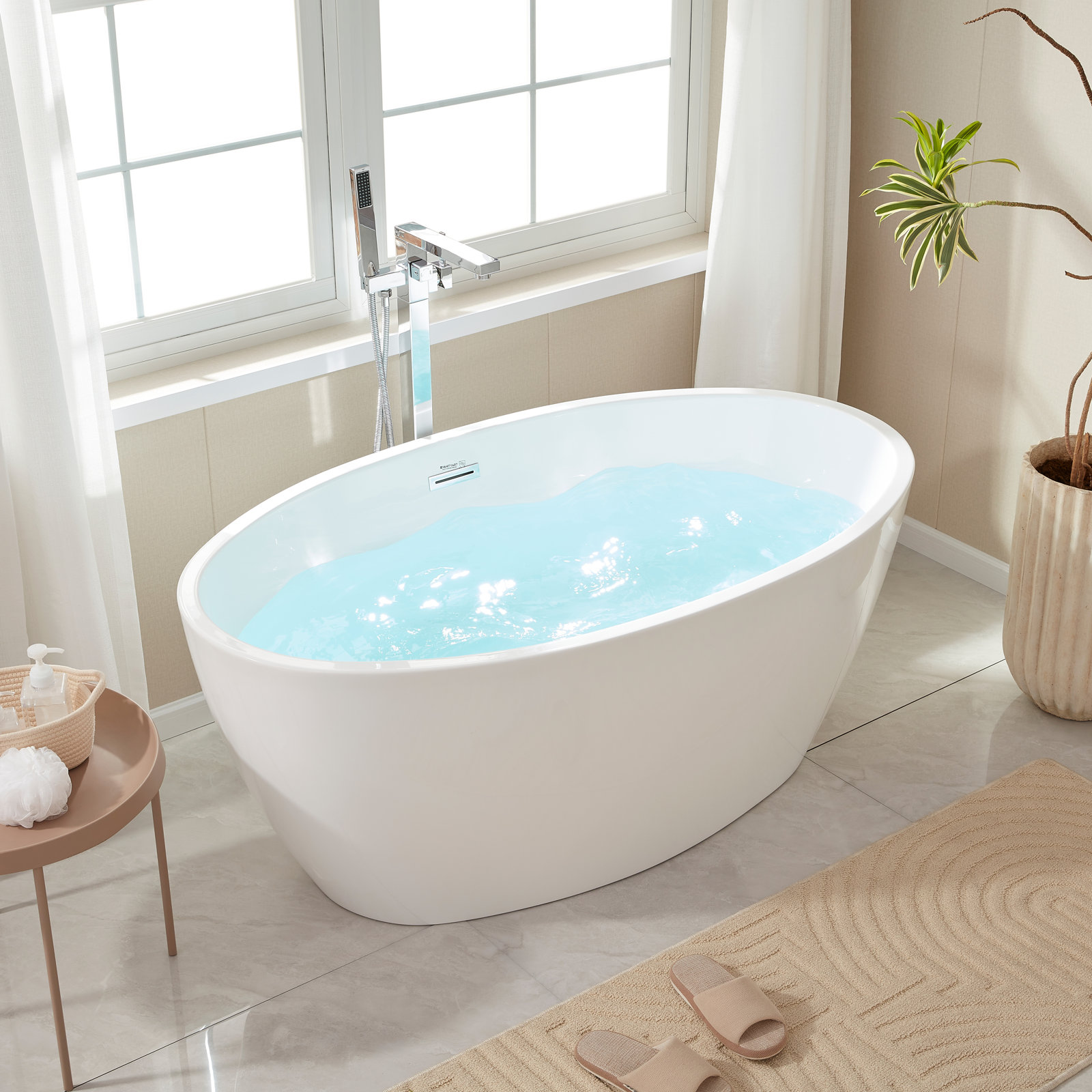 Sophia Freestanding Soaking Acrylic Bathtub, White/Polished Chrome, 22.8" H x 31.9" W x 55.1" L
