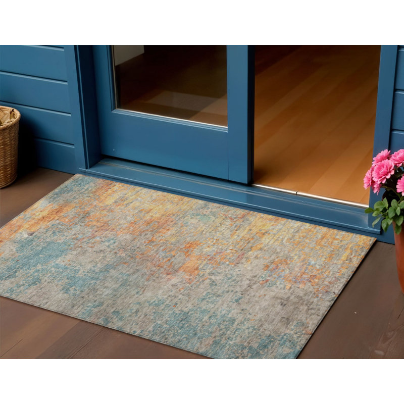 Tapis d'extérieur lavable abstrait bleu sarcelle 3 pi x 5 pi