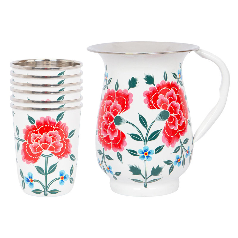 East Urban Home Hand-Painted Picnic Water Jug with 300ml Cups - 1.7L - Cotton Peony, White