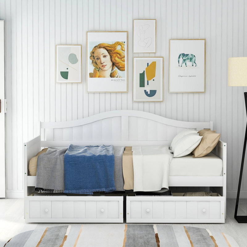 Lit de jour simple en bois blanc, 2 tiroirs pour l'organisation de la chambre à coucher, fabrication en pin, pas de sommier tapissier, idéal pour tout intérieur, conception de chalet traditionnelle, espace de rangement supplémentaire pour la structure, haute qualité