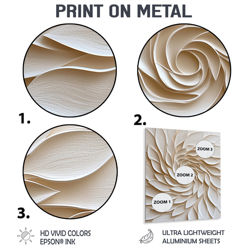 White And Cream Floral Spiral - Botanicals Metal Wall Decor, Modern Metal Print, 32" H x 24" W x 0.84" D