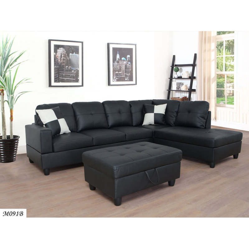 Ensemble de canapé modulaire, repose-pieds en similicuir avec rangement gratuit, Similicuir noir