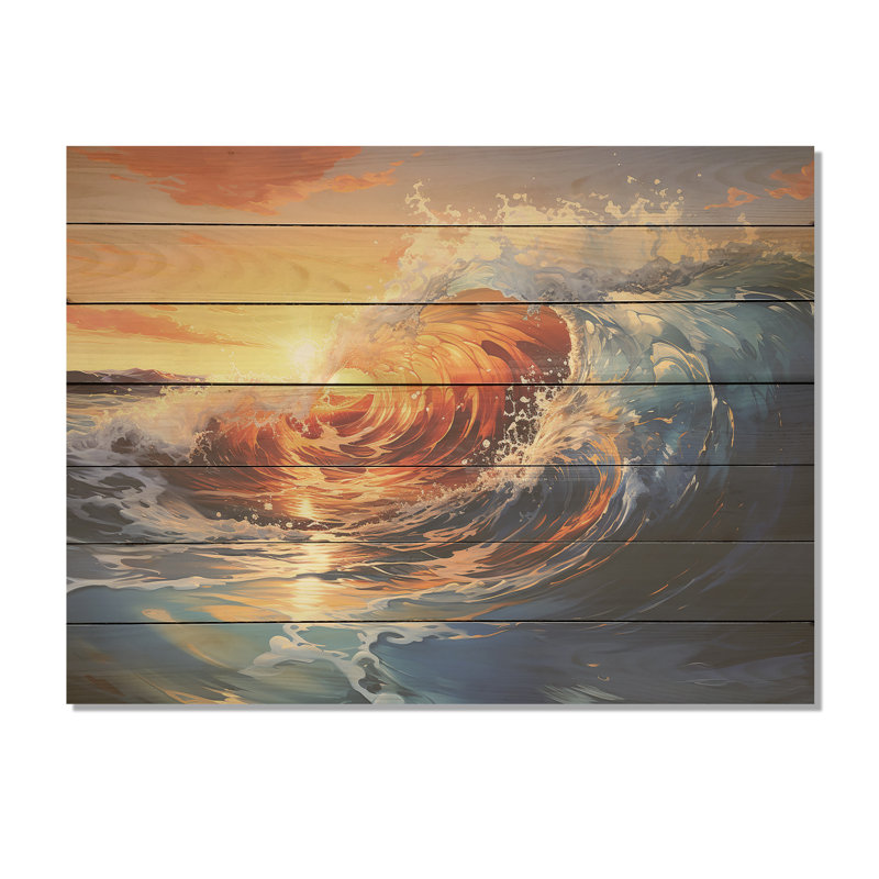 Blue and Orange Sunrise Waves III - vagues côtières sur bois, H 10 po x l 20 po x P 0,78 po