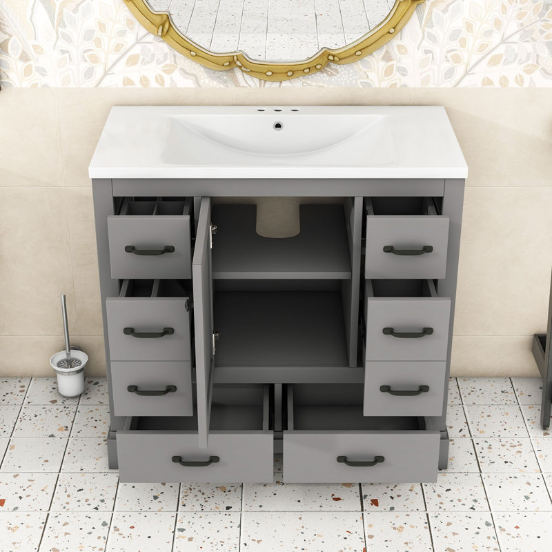 Ensemble de meuble-lavabo avec lavabo, six tiroirs et tablette réglable, Gris