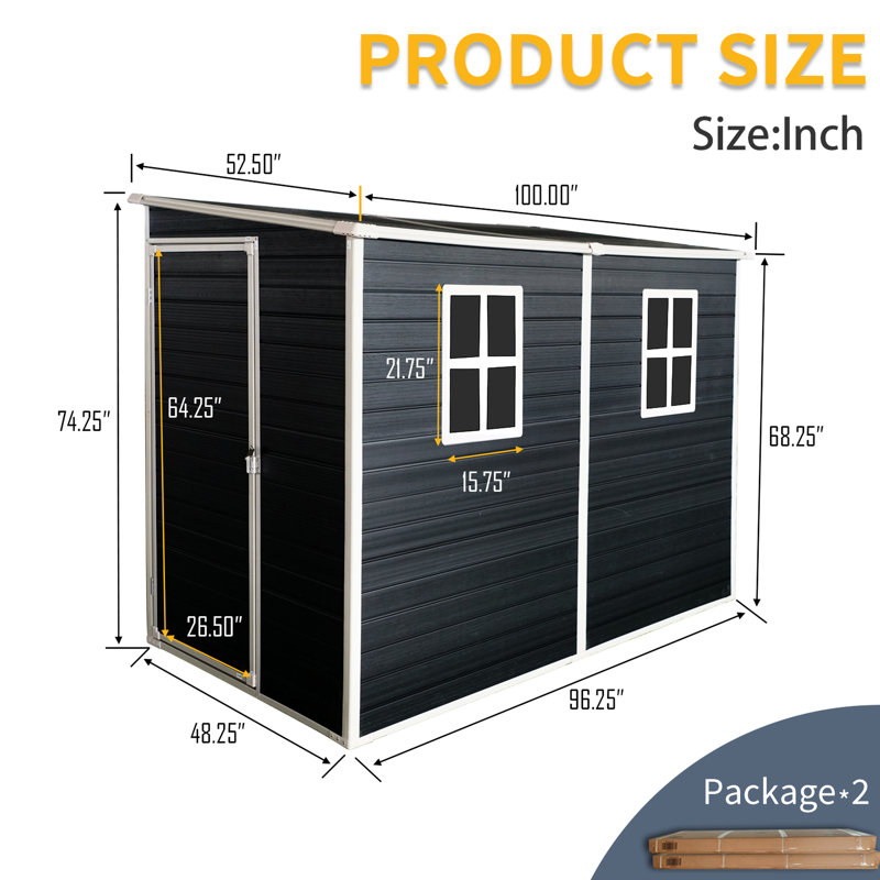 Remise de rangement extérieure 8 pi x 4 pi avec deux fenêtres. Verrouillable, imperméable. - Pour le patio, la cour, la pelouse - Noir 4 x 8 pi en résine noire. -. Ventilation, pelouse, patio