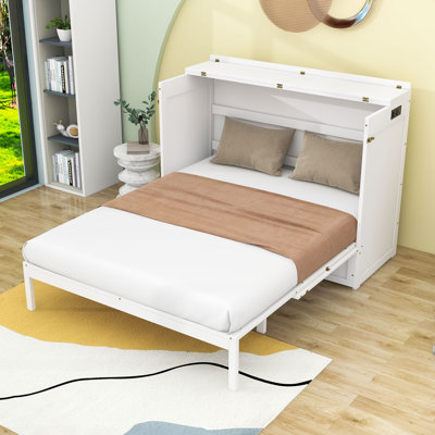 Lit escamotable en bois avec tiroir et prises de courant et ports USB