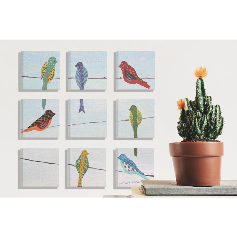 « multicolor oiseaux » assis sur des motifs métalliques peints, ensemble de 9 reproductions d’art sur toile