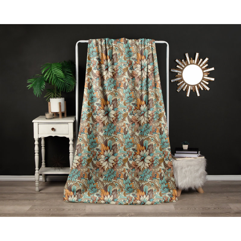 Throw Blanket, 50" W x 60" L, Floral, Light Orange/Blue