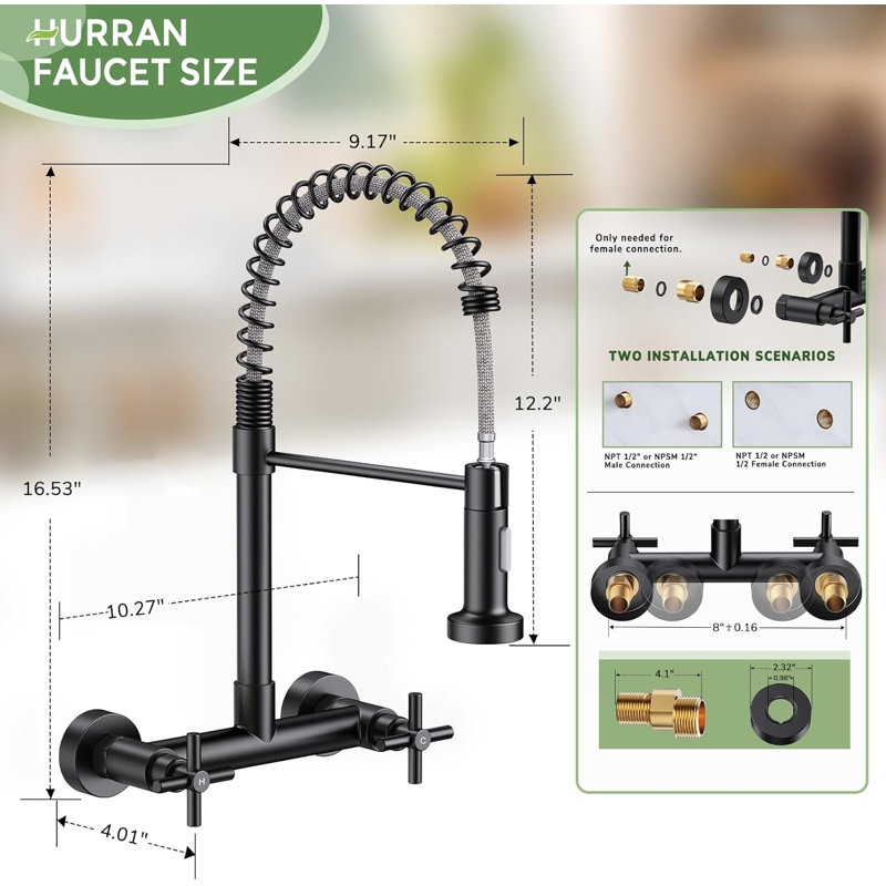 Double-Handle 2-Hole Wall-Mount Pre-Rinse Bridge Kitchen Faucet, Mattle Black