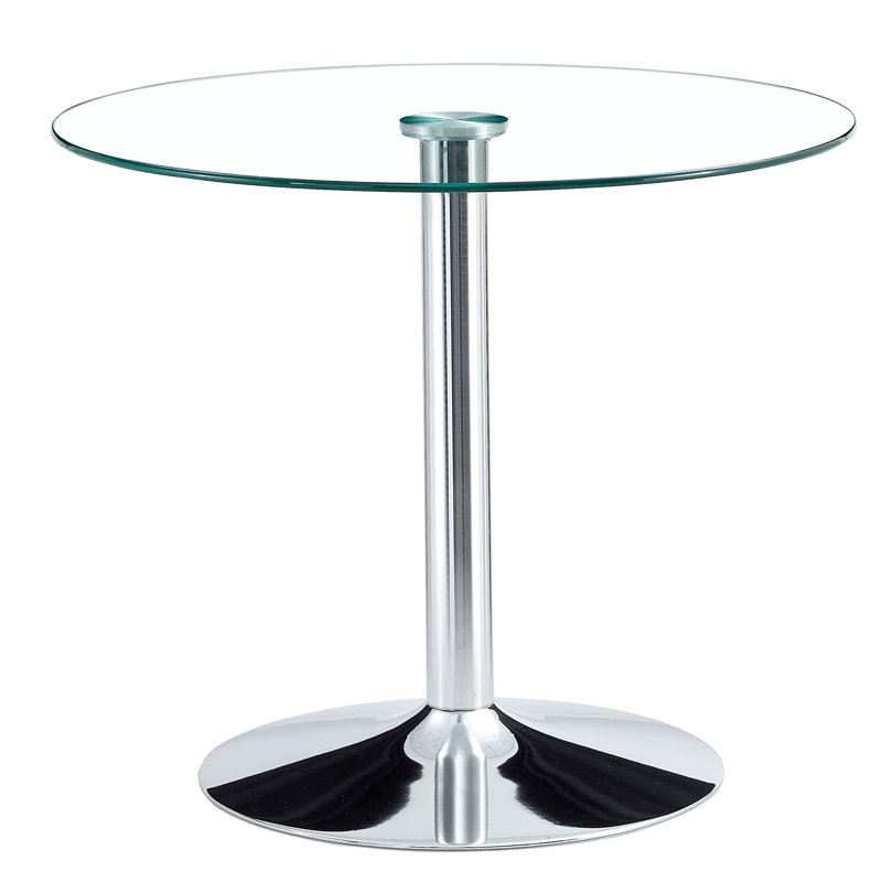 Élégante table ronde de 35 pouces avec pieds en verre transparent et structure en métal argenté robuste, Argent argent