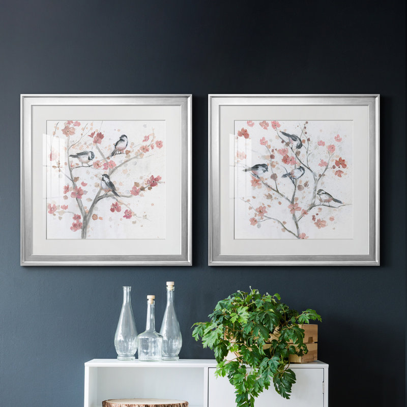 «Chickadees in Spring I», ensemble de 2 reproductions d'art encadrées, H 22,5 po x l 45 po x P 1,5 po, Blanc