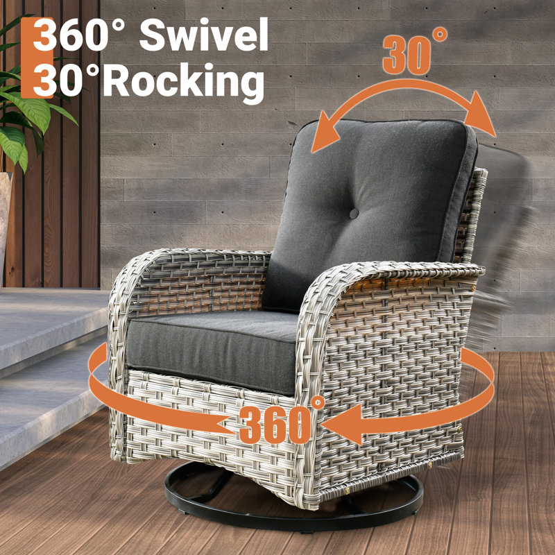 Emroy 6 - Person Outdoor Wicker Sectional Seating Group with Lighted Coffee Table and Swivel Chairs, All Weather Modular Rattan Conversation Set with Cushions
