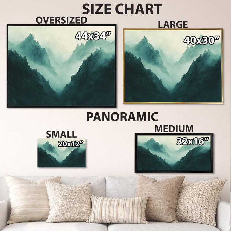 Tableau encadré « Pics de montagnes » - Brume turquoise, H 34 po x l 44 po, Natural Picture Framed