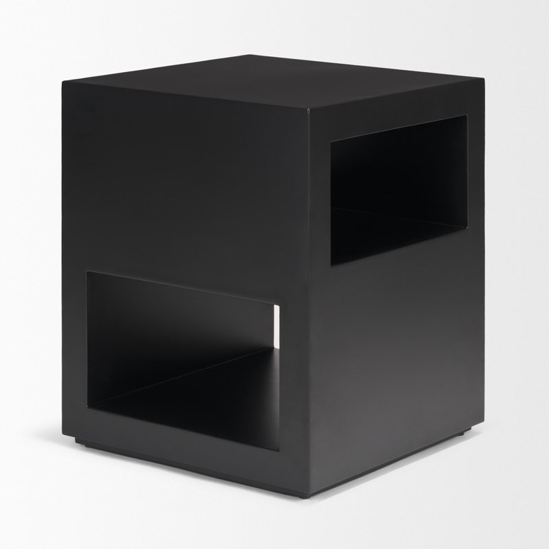 Bart Matte Black Metal Side Table with Open Shelves and Architectural Design
