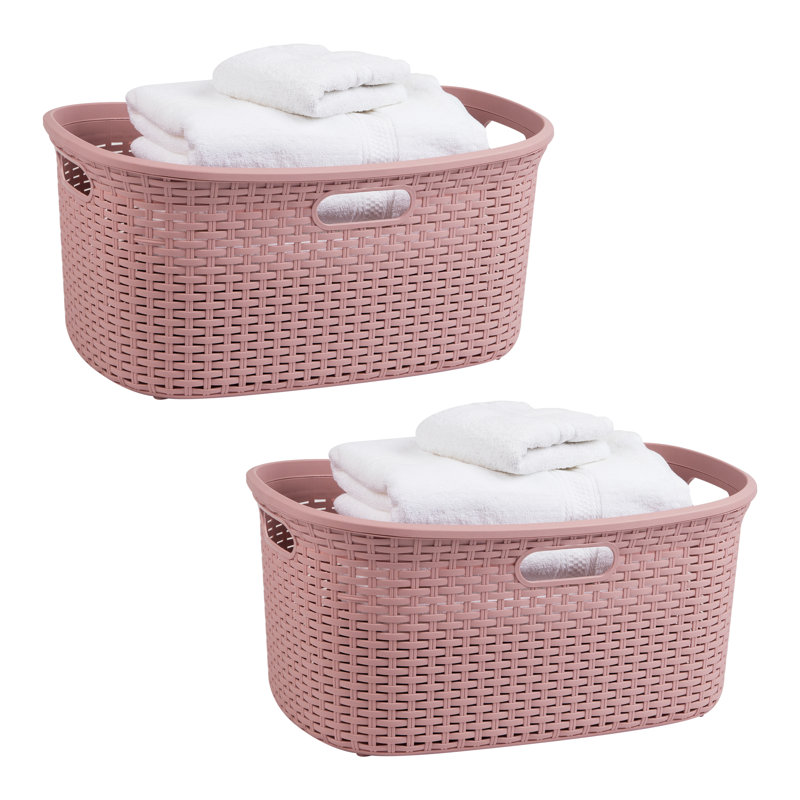 40L Laundry Basket, Clothes Hamper, Wicker Design, Plastic, 23"L x 14.5"W x 11"H, Pink
