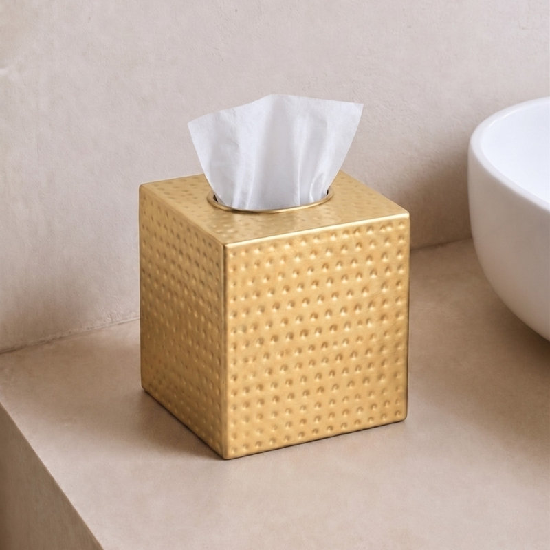 Hand Hammered Metal Tissue Box Cover, Brushed Gold