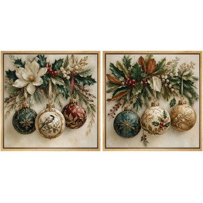 Ensemble de 2 reproductions d'art rustique des fêtes avec branches à feuilles persistantes et charme festif d'hiver encadré sur toile